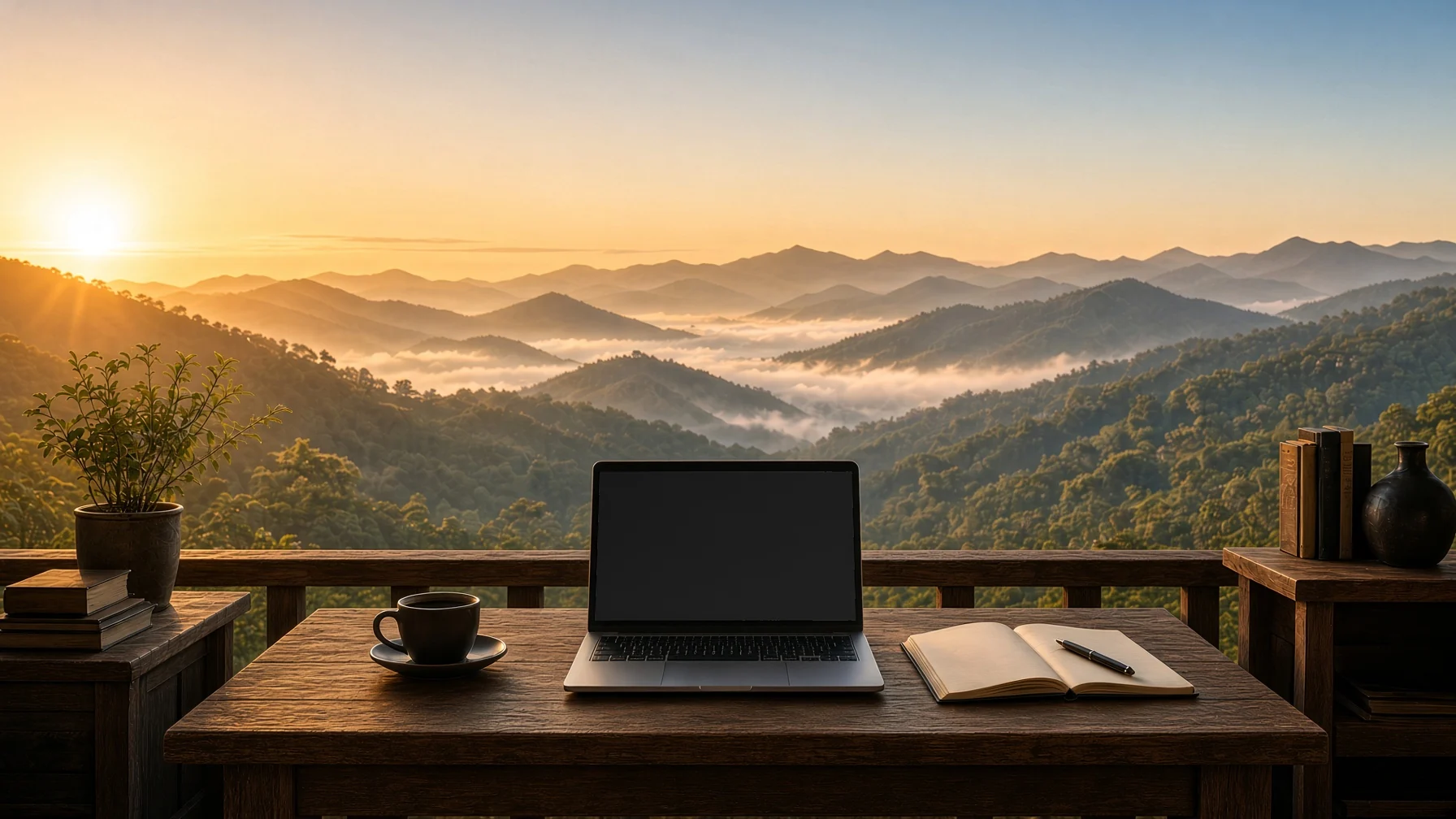 Mesa de madeira numa varanda, com notebook aberto, café e caderno, de frente para uma serra com névoa ao amanhecer