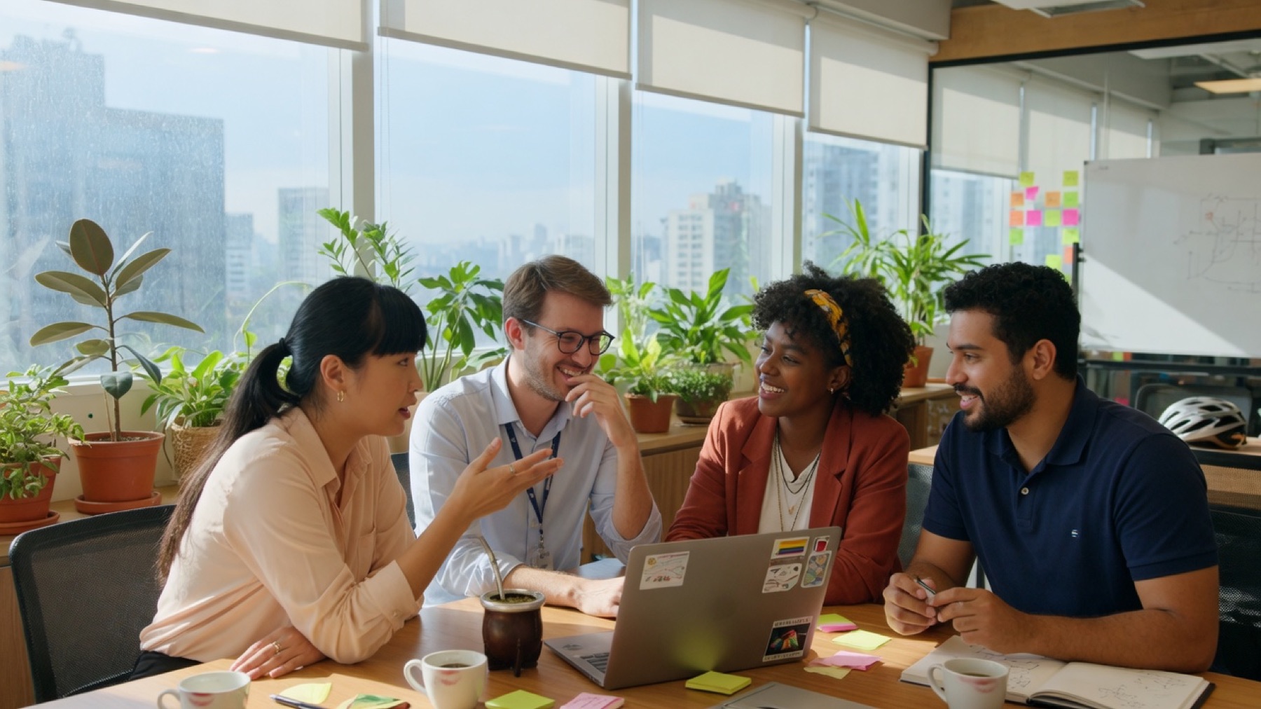 Four colleagues from different backgrounds talking around a laptop in a bright São Paulo office.
